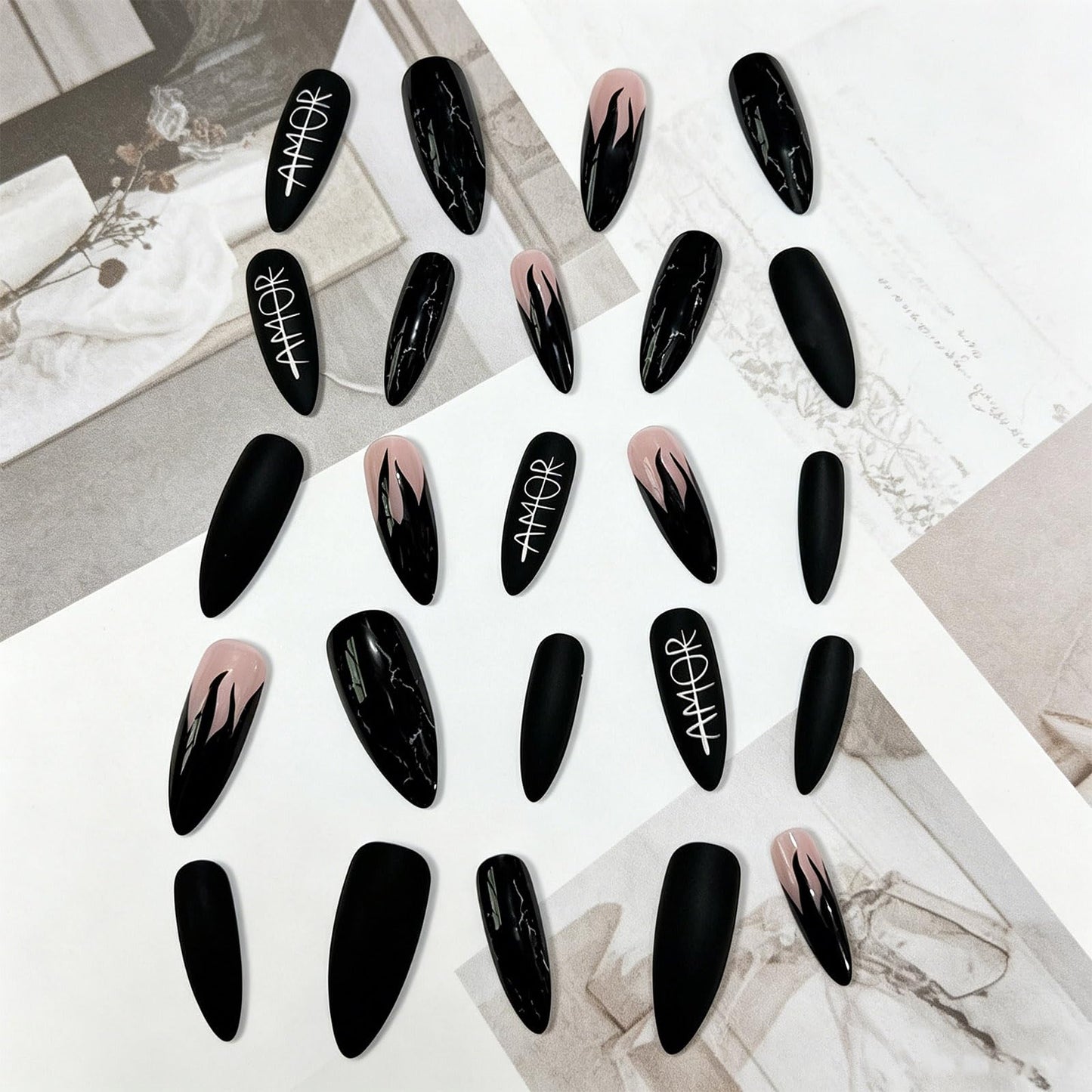 Press on Nails With Gothic Design, Matte Blue Fire Fake Nail, Long Stiletto False Nails White Fog Glue on Nail, Letter Stick on Reusable Acrylic Fingernails for Women Summer Vacation