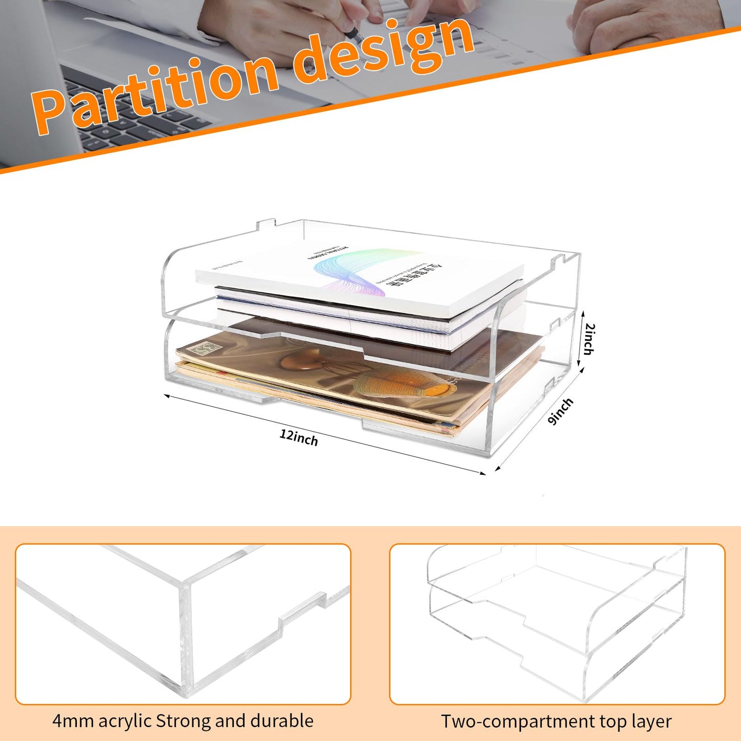 2 Pack- Stackable Paper Letter Tray,Clear Acrylic Magazine Holder and File Organizer - Sleek Desk Organizer for Home Office, Bookshelf, or Workspace - Space-Saving Transparent Document Holder