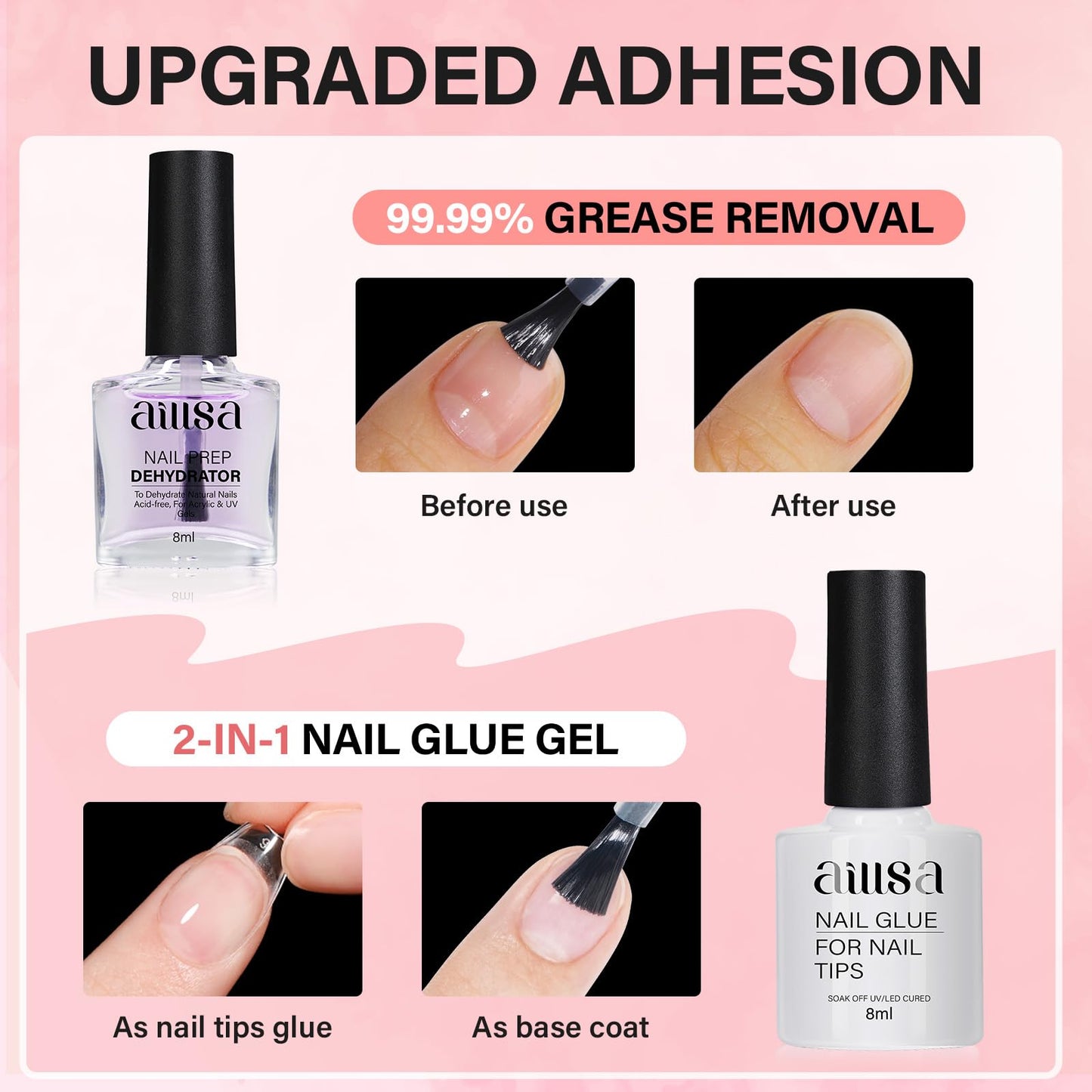 AILLSA Gel Nail Tips Kit Short Square Nail Tips 240pcs with 2 In 1 Nail Glue Base Coat and Nail Dehydrator, Nail Extension Kit with Nail Lamp Top Coat for Starters Home Salon