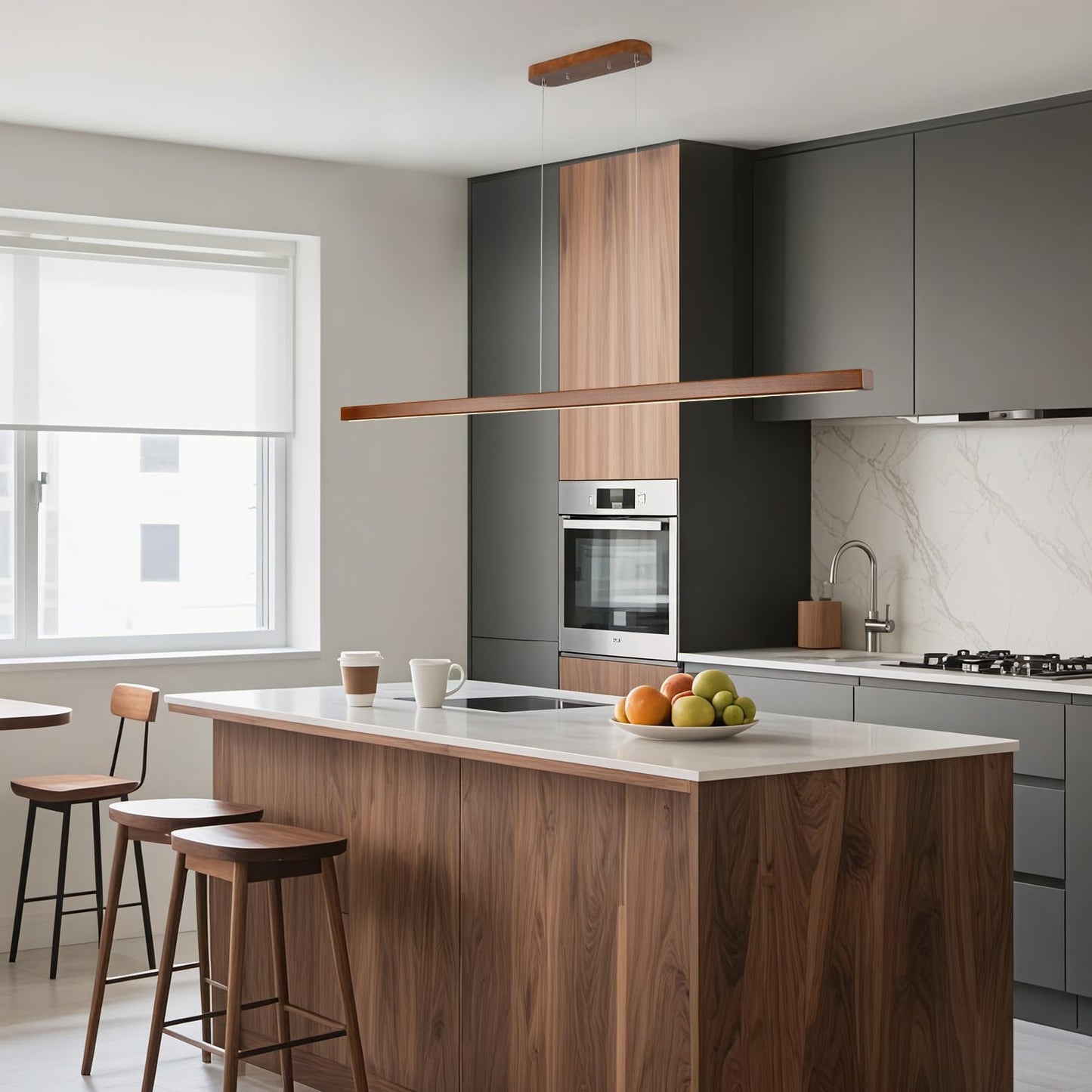 QJCMUUYI 47 Inch Wood Linear Pendant Light Dimmable LED Kitchen Island Lighting with Remote Adjustable Hanging Chandelier for Dining Room Bar Pool Table 30W Modern Farmhouse Fixture Walnut Color
