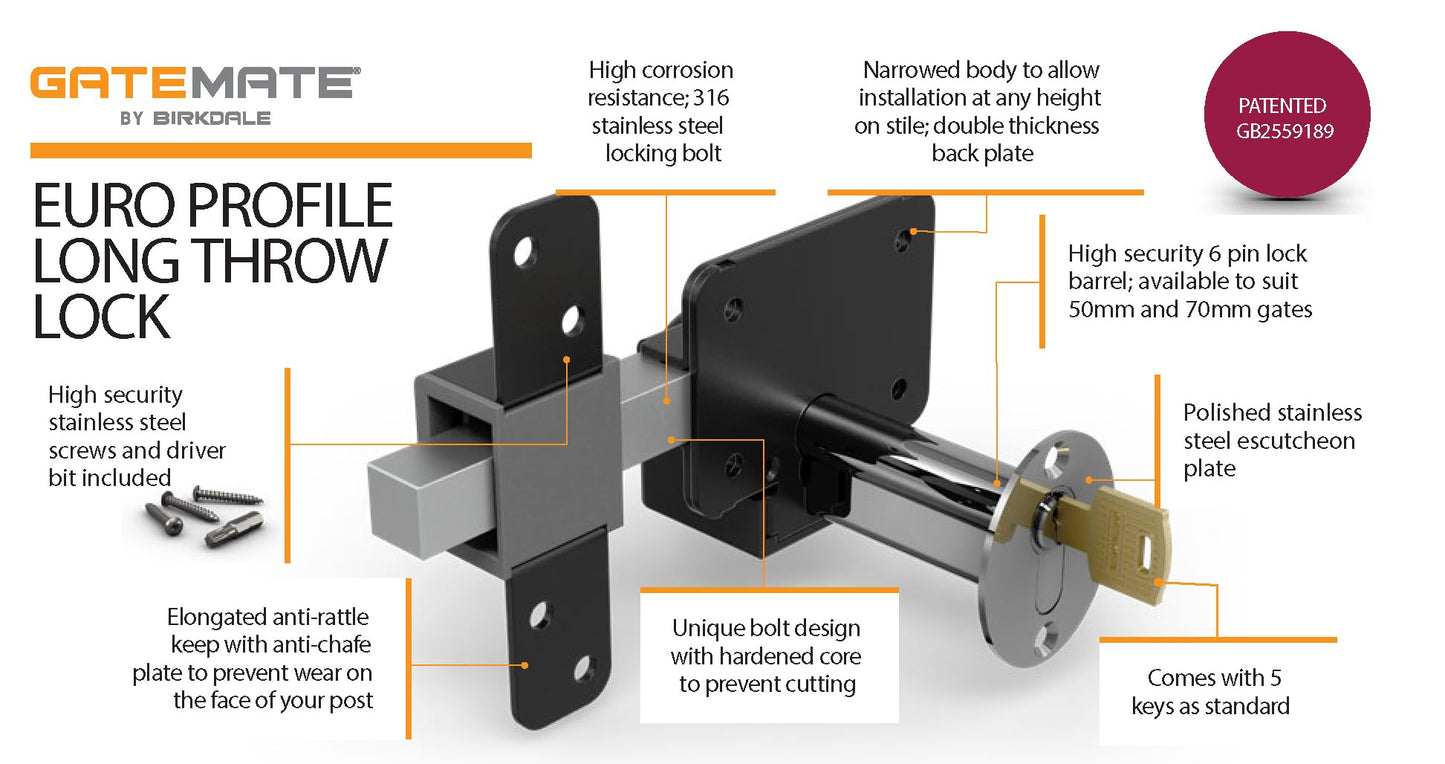 GateMate Long Throw Gate Lock, Euro Profile Keyed Both Sides Gate Lock for Sheds, Gates & Garage Doors, 316 Stainless Steel, for Wooden Gates & Doors Up to 2” Thick, Black, 5 Keys