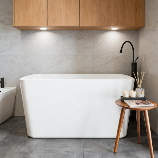 49" Acrylic Freestanding Soaking Bathtub, Matte Black Drain & Overflow, Modern Design Unique Tub for Home Bathroom Renovations, Glossy White