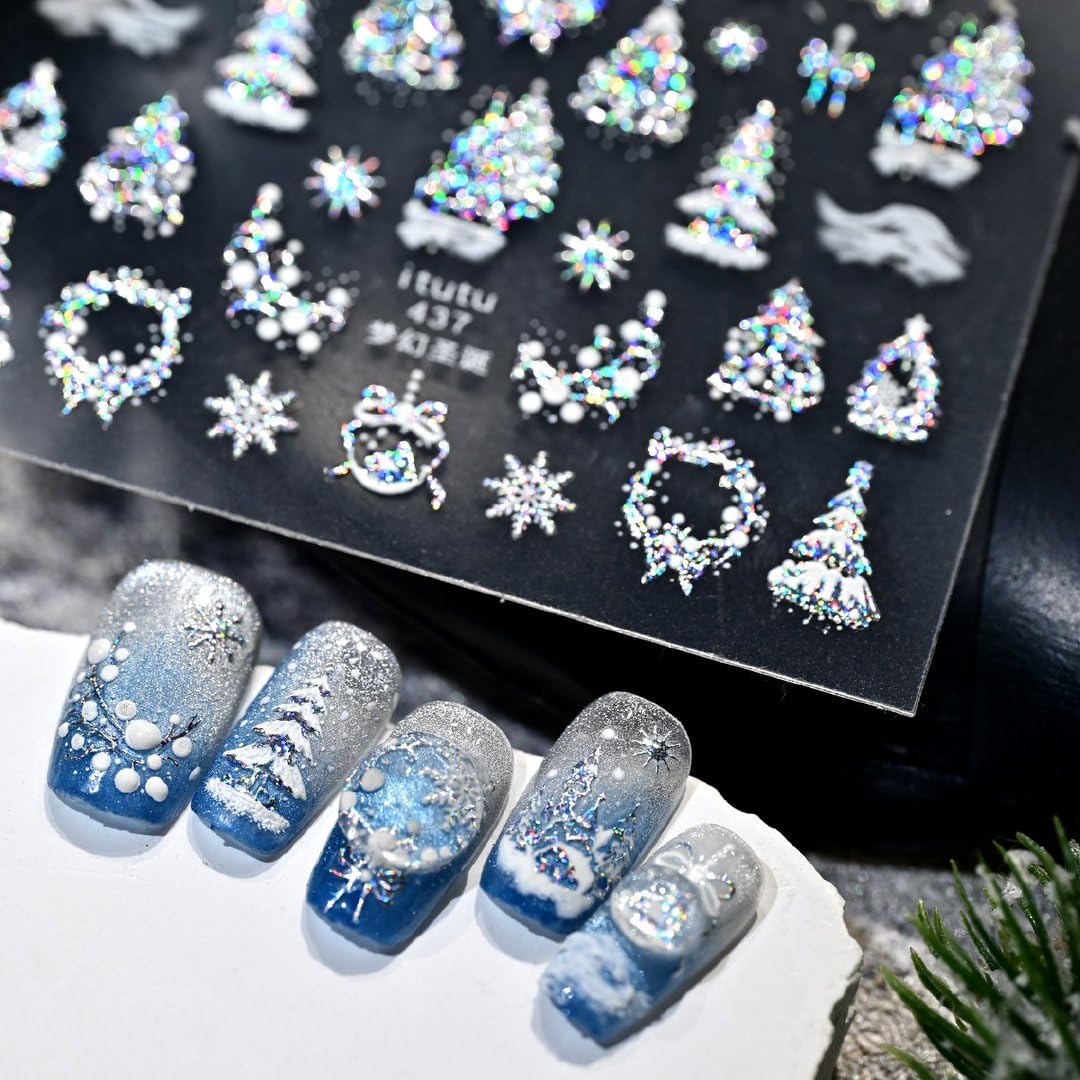 5D Embossed Christmas Nail Art Stickers Silver Nail Stickers Self-Adhesive Xmas Tree Elk Snowflakes Nail Decals Winter Xmas Holiday Manicure DIY Nail Supplies for Women Girls