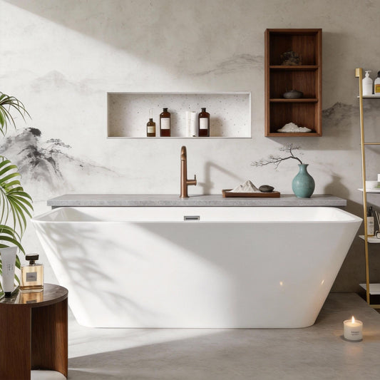 59" Acrylic Freestanding Soaking Bathtub, Matte Drain & Black Overflow, Modern Design Tub for Home Bathroom Renovations, Glossy White