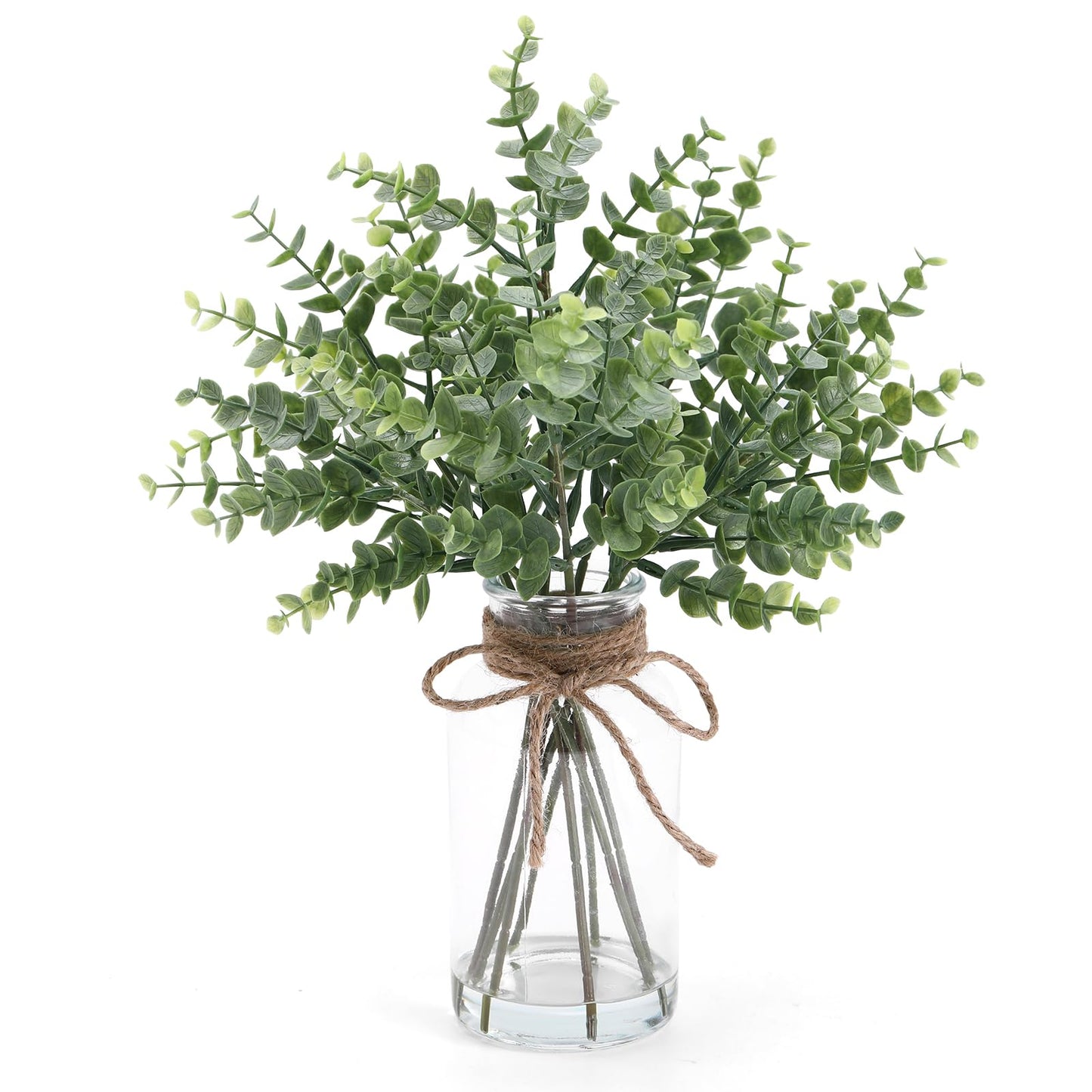 Coferset Eucalyptus Stems in Glass Vase with Faux Water, 14" Eucalyptus Fake Plants for Home Bathroom Counter Office Kitchen Farmhouse Shelf Centerpiece Coffee Table Decor(Sage Green)