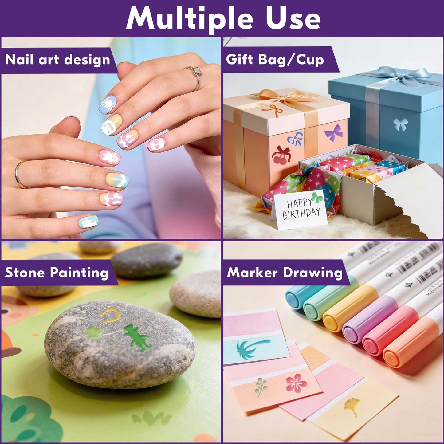 Nail Art Acrylic Marker Pens Stencils Set, 24 Dual Tip Markers + 14 Nail Stencils Heart Lips Flowers Butterfly Nail Stickers for Women Girl, Quick-Dry Nail Art Dotting Pen, DIY Nails Art Design Tools