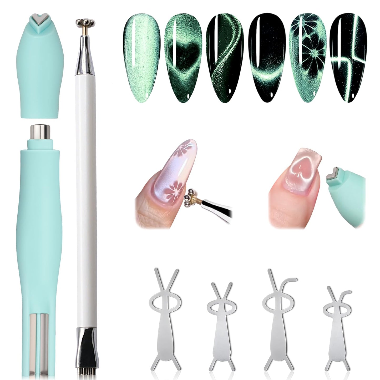 Plman 3 in 1 Heart Magnet for Cat Eye Gel Polish, Double-Head Flower Design Nail Magnetic Pen, Multifunctional Cat Eye Magnet for Nail, Cat Eye Nail Magnet with Nail Magnet Guides (Heart Set-Green)