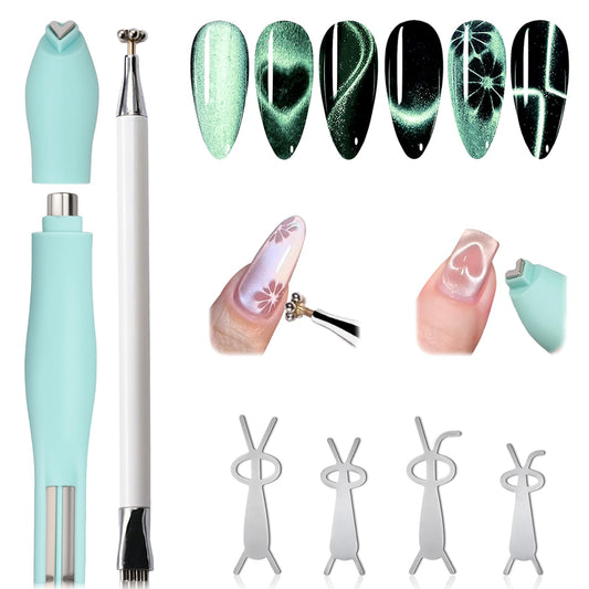 Plman 3 in 1 Heart Magnet for Cat Eye Gel Polish, Double-Head Flower Design Nail Magnetic Pen, Multifunctional Cat Eye Magnet for Nail, Cat Eye Nail Magnet with Nail Magnet Guides (Heart Set-Green)