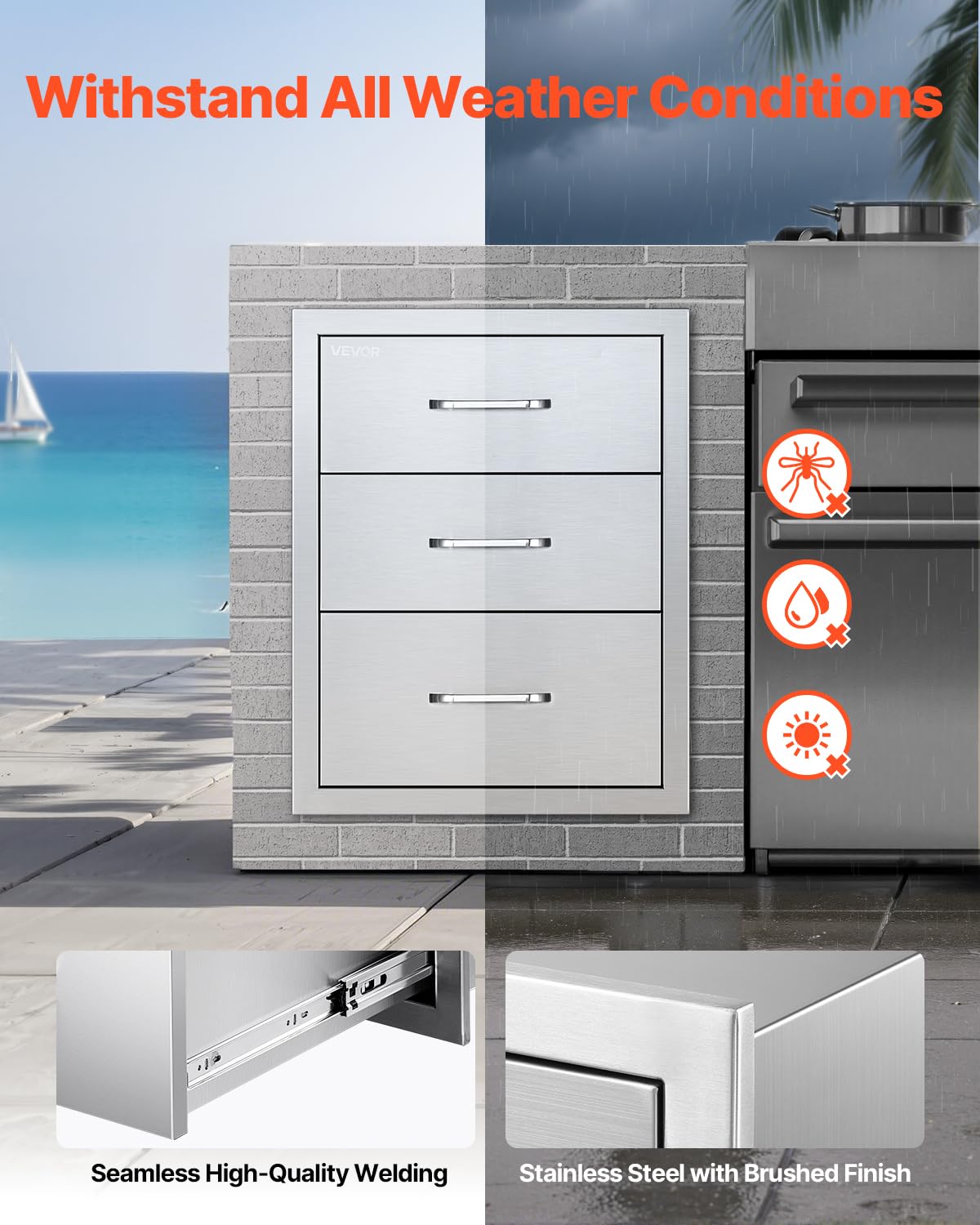 VEVOR Outdoor Kitchen Drawers 18.11"W x 23.23"D x 23.23"H, Triple-Access Stainless Steel BBQ Drawers with Handles, BBQ Island Drawer for Outdoor Kitchens or Barbeque Island Patio Grill Station