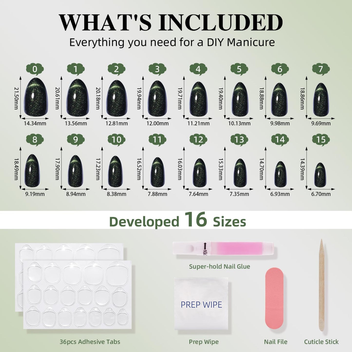 WiniBeauty Cat Eye French Tip Press On Nails Almond - Green Short Almond Fake Nails, Dark Green Cateye Press On Nails Reusable Stick On Nails in 16 Sizes 32pcs False Nail Kit for Women(Luminous Dark)