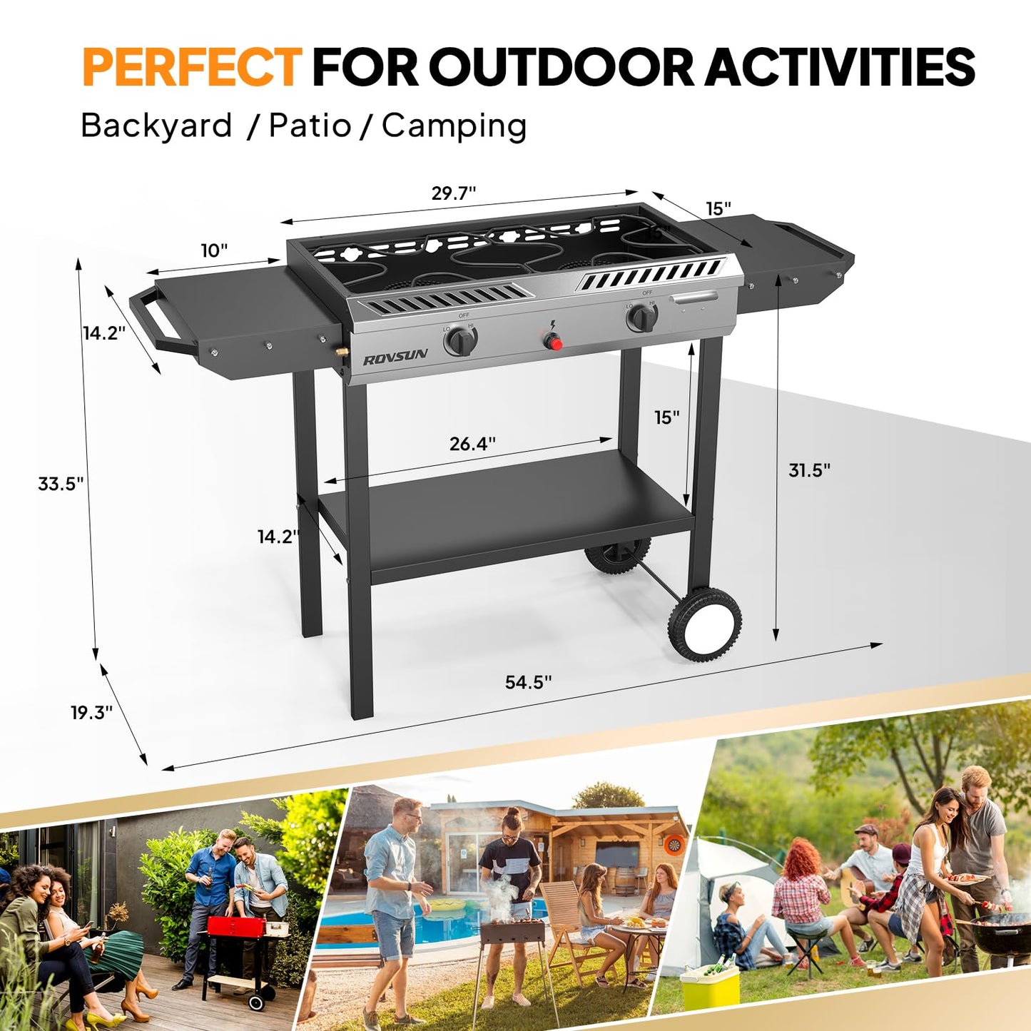 ROVSUN 2 Burner Outdoor Propane Gas Stove with Auto-ignition, Regulator & Side Shelves, 150,000 BTU Powerful Stand Cooker for Backyard Patio Cooking Home Brewing Canning Turkey Frying