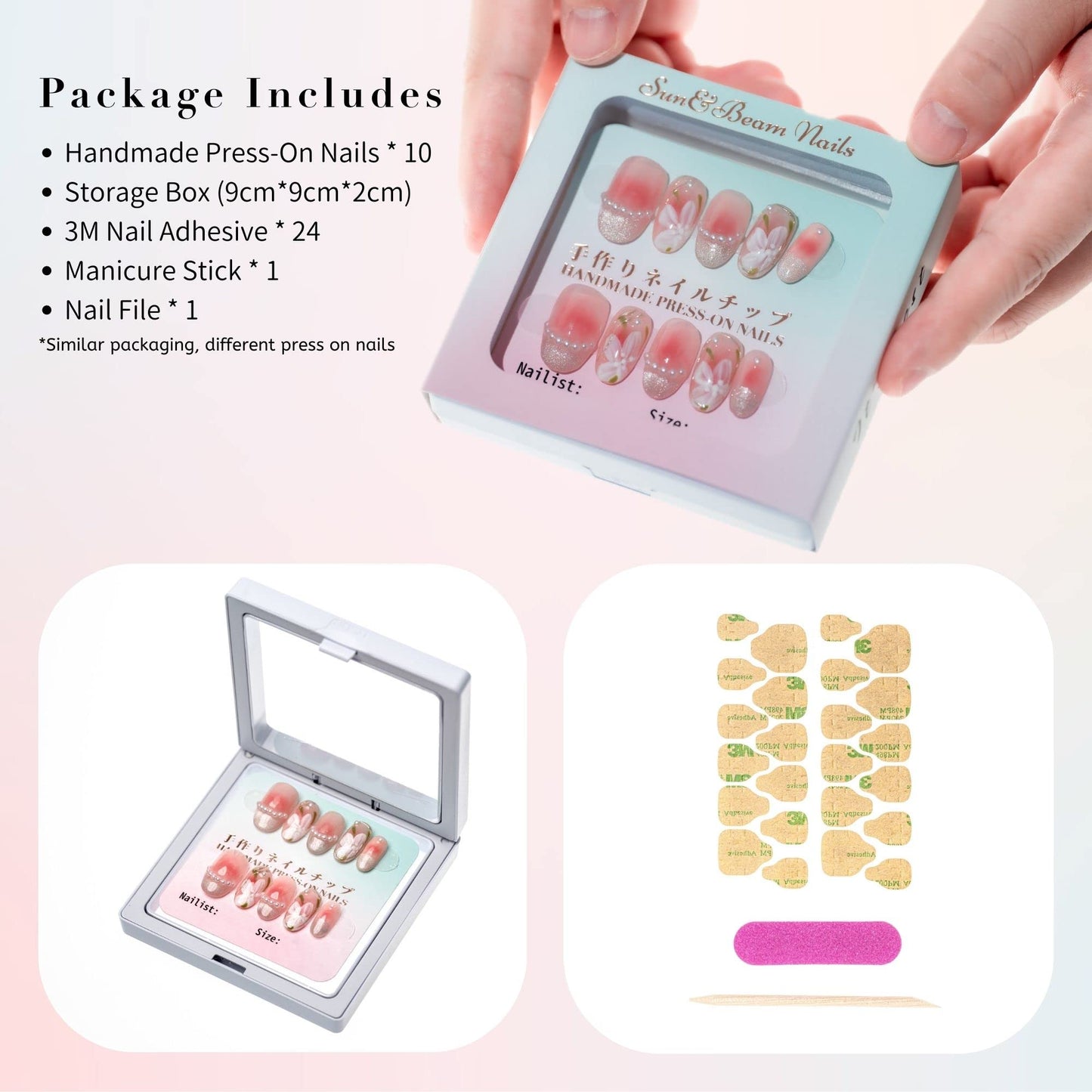 Sun&Beam Nails Handmade Long Coffin Ballerina Nude False Nail Tips with Cute 3D Black Flower Butterfly Diamond Popular Charm Design Press On Nails 10 Pcs (#69 M)