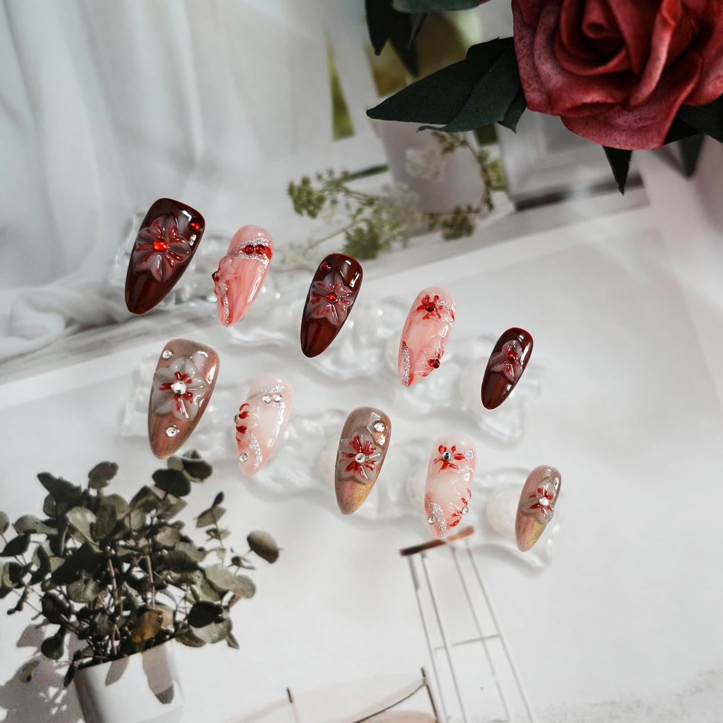 Tesytto Handmade Floral Press on Nails - Medium Almond 3D Embossed Rhinestones & Red Ombre, Thick Acrylic Gel Nails for Parties, Valentine's Day (Evil Flower,S)