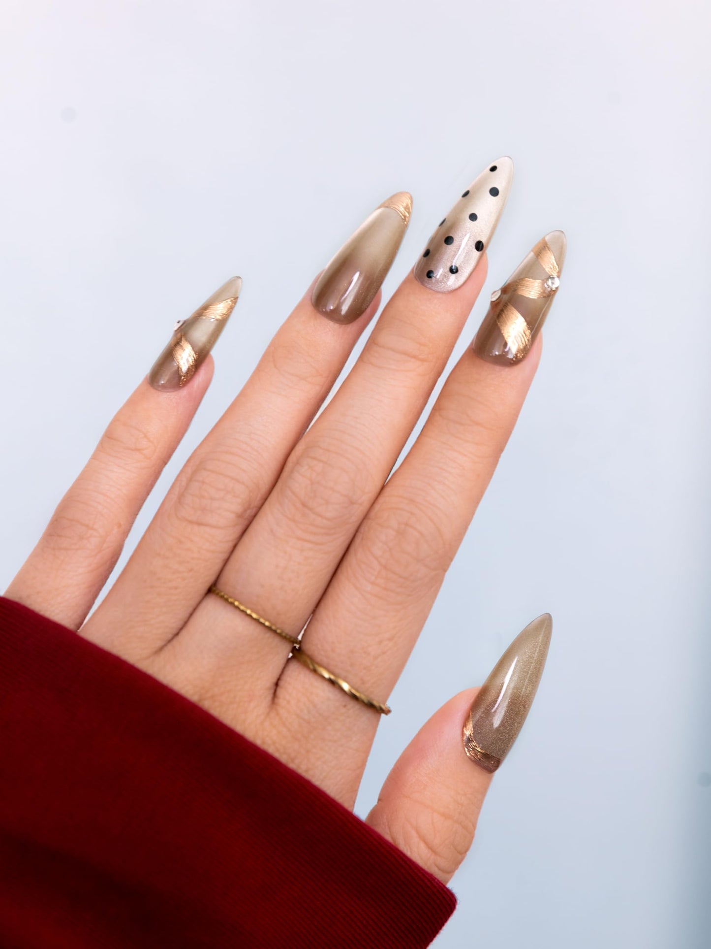 SIYOU Beauty | Elegant Polka Dot | Polka Dot Long Almond Press On Nails for Women (Large) - Reusable, Salon-Quality Fake Nails (10pc)