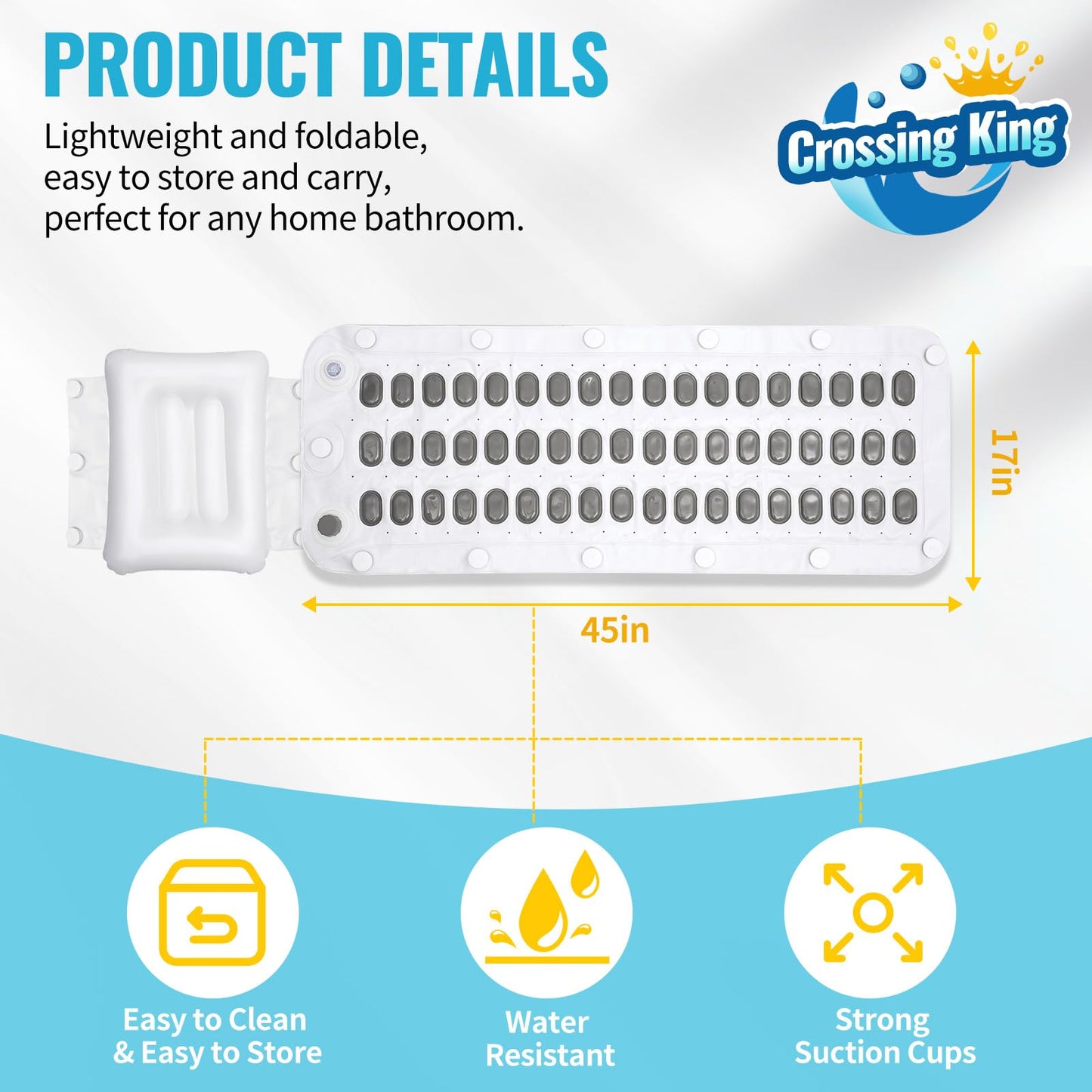 Crossing King Bubble Bath Mat Tub Spa Massager, Portable Spa Bubble Bath Massager with Upgraded Powerful Suction Cup, Electric Air Pump, Pillow and Remote Control for Relaxation 45 * 17in (Grey)