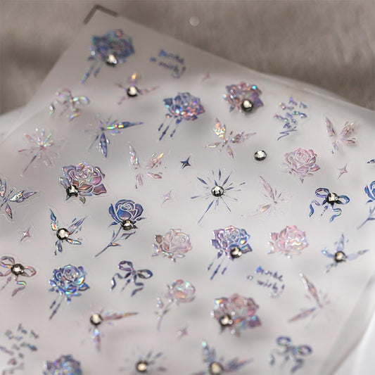 5D Embossed Flower Nail Art Stickers Bow Butterfly Nail Decals with Rhinestone Design Spring Nail Stickers Aurora Self Adhesive Nail Charms Floral Nail Supplies for Women Girls