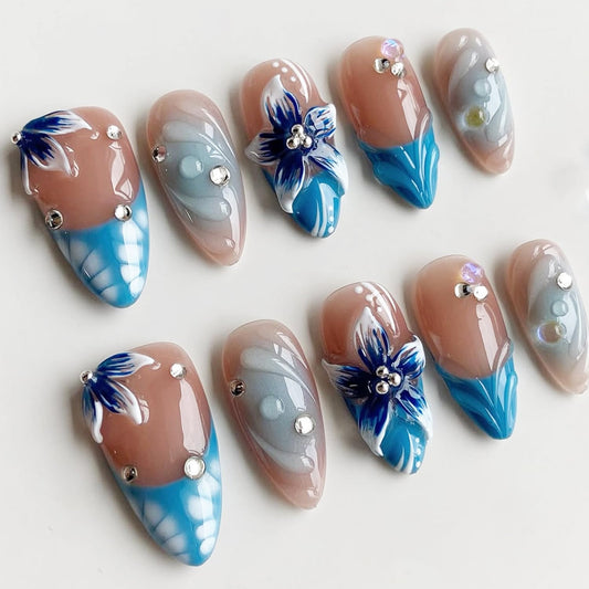 30Pcs Blue Flower Press on Nails Medium Almond Fake Nails with Sliver Beads Rhinestone Design Summer Glue on Nails Glossy Full Cover Handmade False Nails Reusable French Tip Acrylic Nails for Women