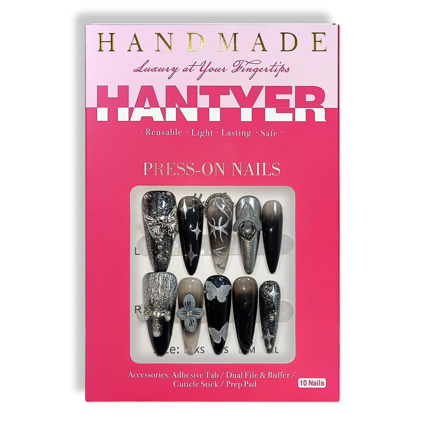 Hantyer Black Press on Nails with 3D Floral Carving, Skull & Cross Charms, Long Stiletto Glossy Punk Fake Nails, Reusable Edgy Gothic False Nails for Women Concert Night Party (Size S)