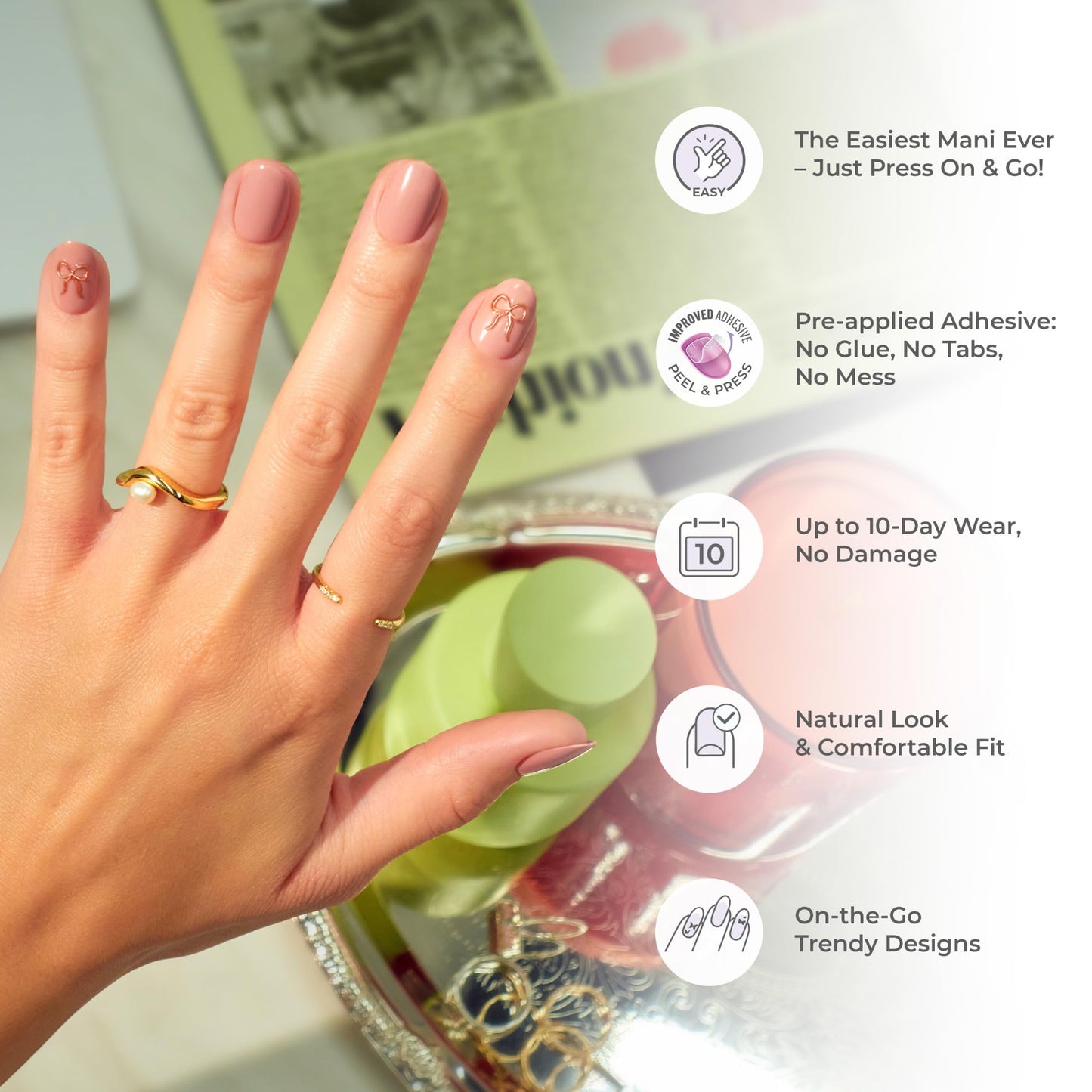 Kiss Impress No Glue Mani Press On Nails, Design, 'Pastel Bloom', Multicolor, Medium Size, Almond Shape, Includes 30 Nails, 1 Mini File, 1 Prep Pad, 1 Manicure Stick, Instruction Sheet