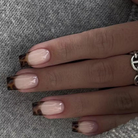 24Pcs French Tip Press on Nails Medium Square Fake Nails with Brown Black Leopard Print Designs Glossy Nails Press ons Nude Full Cover Glue on Nails Fall Acrylic Artificial Stick on Nails for Women