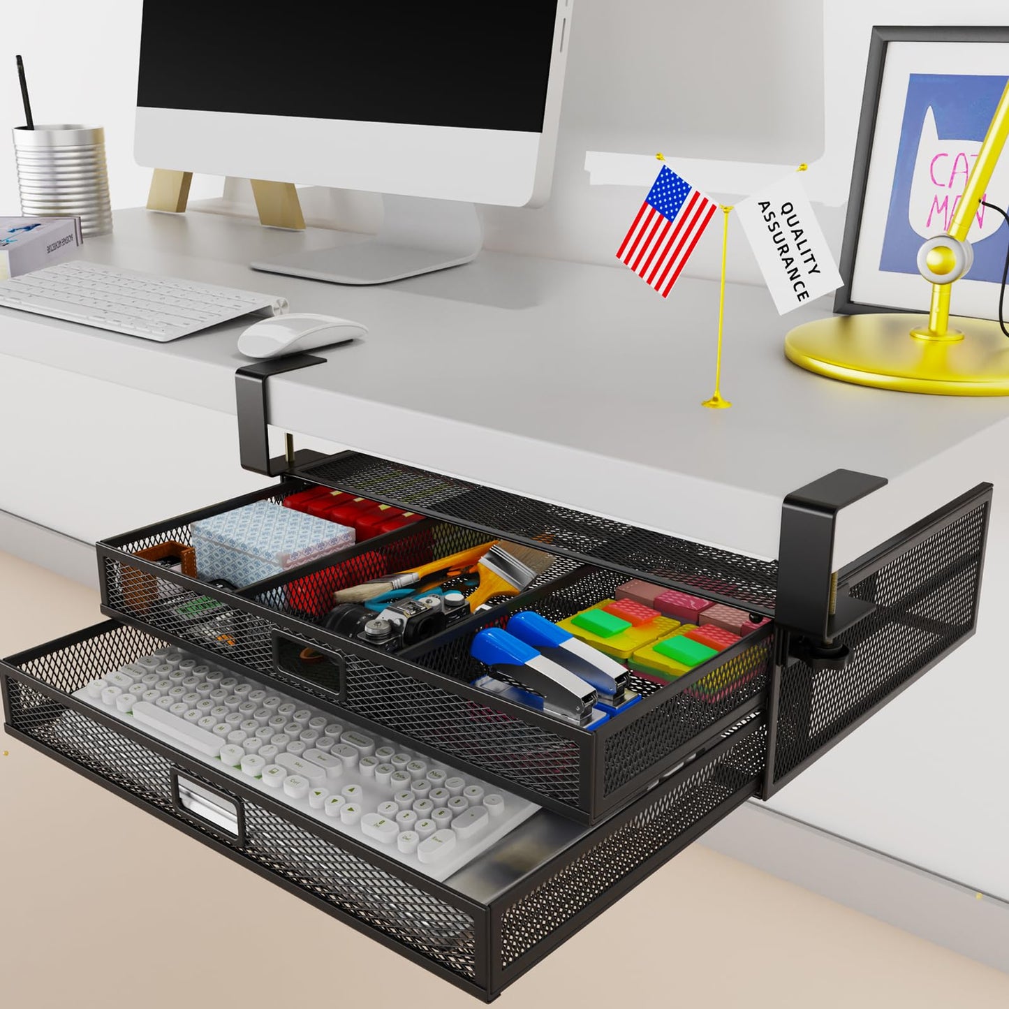 SRJZMLY Under Desk Drawer Organizer No Drill Metal Under Desk Storage Drawer Container 2 Slide Out Cabinet Drawer Suitable for Home And Office (Extra Large)