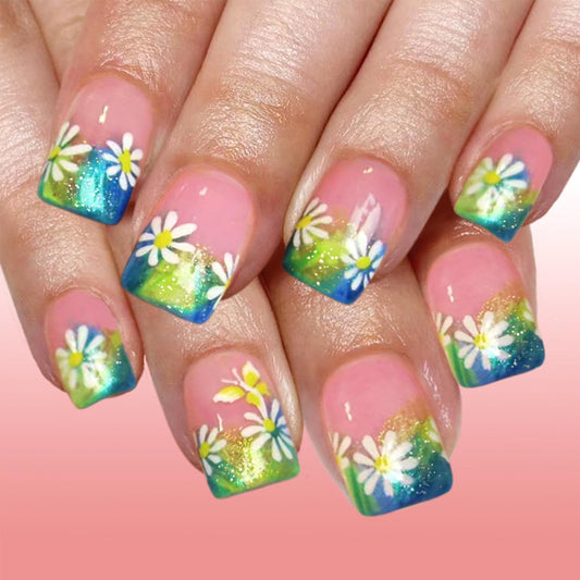 Spring Press on Nails Short Square Fake Nails with Glitter Daisy Designs French Flower Press on False Nails Gradient Glitter Nail Tips Spring Floral Glue on Nail for Women 24Pcs