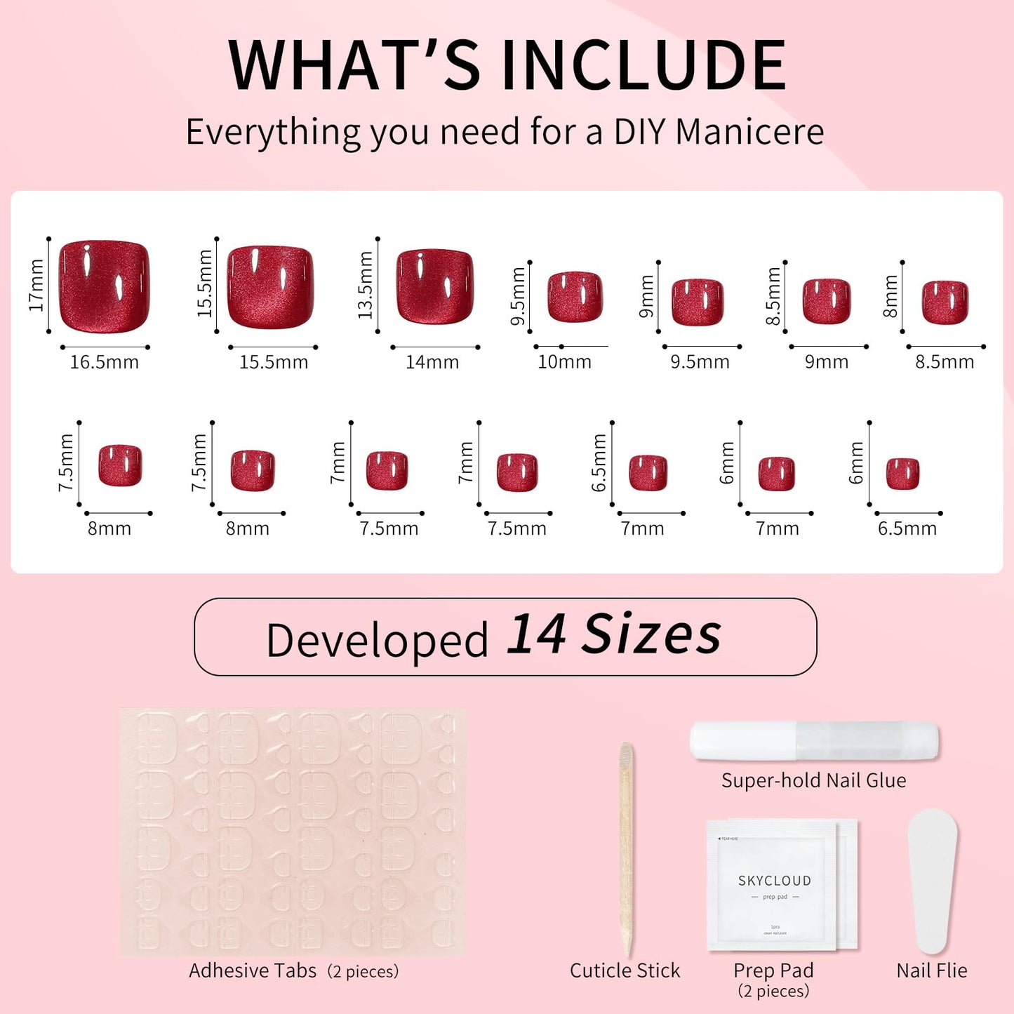 Cat Eyes Press On Toenails,14 Sizes-28 Pcs Soft Gel Red Short Square Fake Toenails Kit with Toenails Glue, Natural Reusable Stick On False Toenails for Women and Girls (Skycloud Red Toenails) SK0753