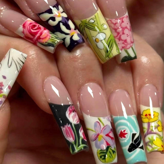 MISUD Press on Nails - Long Square Fake Nails with Colorful Flower, Acrylic French Tip Design 24 pcs
