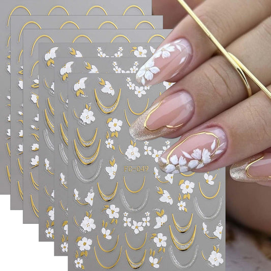 6 Sheets Flower Nail Stickers with Gold Silver Glitter Line Design Nail Decals 3D Self-Adhesive White Floral Nail Art Stickers Spring Summer Nail Decoration for Women DIY Manicure Supplies