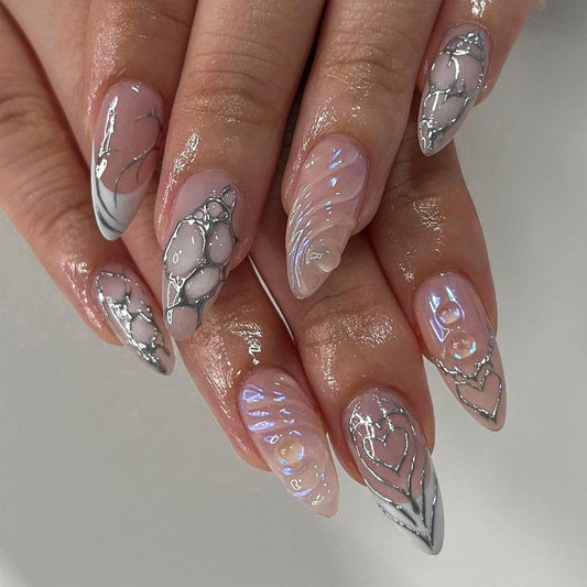 Pink Press on Nails Medium Almond Fake Nails Press ons with Design Charms French False Nails Silver Glue on Nails Cute Glossy Full Cover Acrylic Stick on Nails for Women Manicure 24Pcs