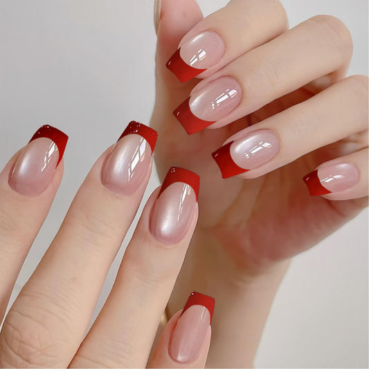 Taoyisent Red French Tip Cat Eye Press on Nails 24PCS Nude Pink Soft Gel Nails Short Square Glossy Magnetic Effect Fake Nails Reusable Full Cover Stick on Nails