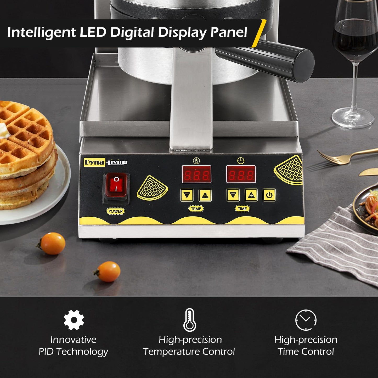Dyna-Living Belgian Waffle Maker 180° Rotating Commercial Waffle Maker Intelligent Commercial Waffle Iron for Restaurant, 1200W Professional Waffles Machine for Home Use