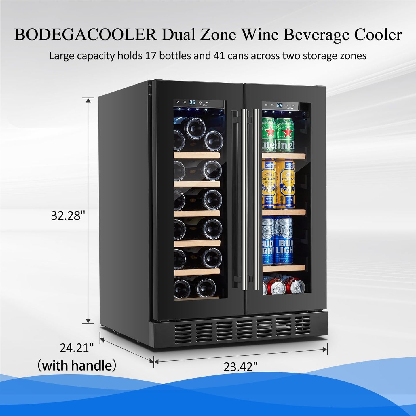 BODEGA 24 Inch Wine and Beverage Refrigerator Free Standing. Dual Zone Stainless Steel Wine Fridge under Counter, Drink Cooler for Beer, Soda, Champagne, Holds 41 Cans and 17 Bottles, Black
