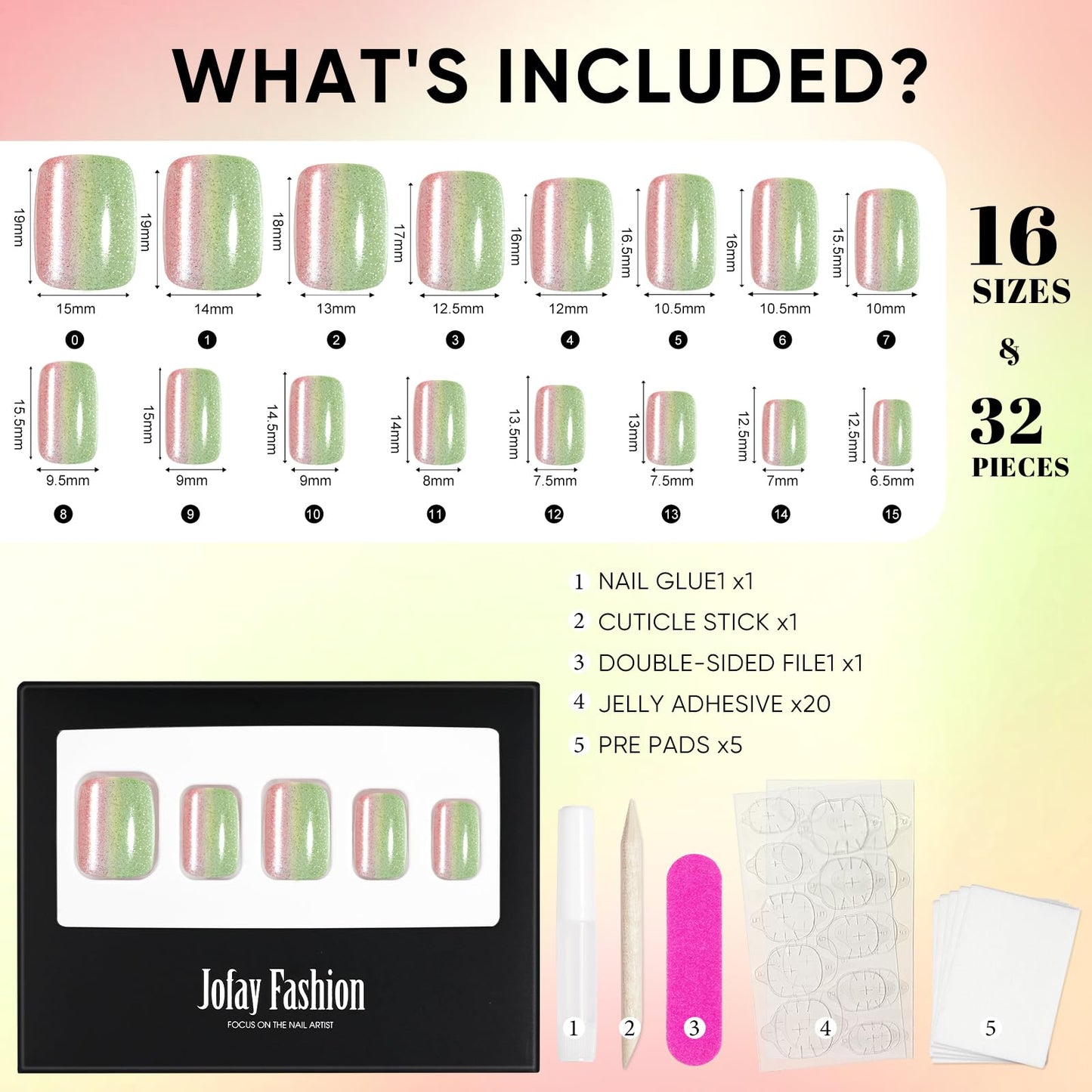 Press on Nails Short, Jofay Fashion Fake Nails, Two-color Ombre Cat Eye Press on Nails, Summer Acrylic False Nails, Reusable Stick on Nails for Women Girls, Glue on Nails Kit 32 Pcs, Honey Peach