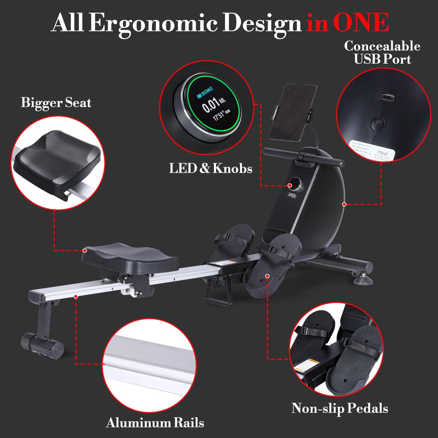 Rowing Machines for Home,Magnetic Rowing Machine with 16 Levels, 350 LB Weight Capacity, Free Snailcle App