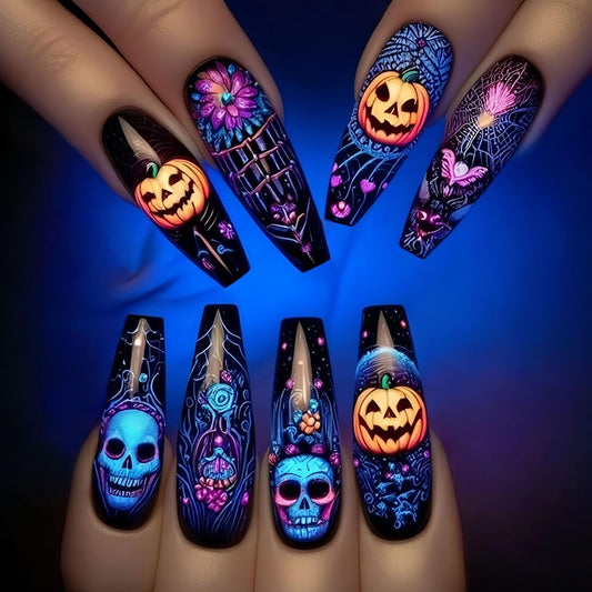 24Pcs Halloween Press on Nails Long Ballet Shaped Horror Skull False Nail Full Cover Artificial Acrylic Fingernails Pumpkin Flower Design Halloween Nail Festival Glue on Nails for Women Supplies