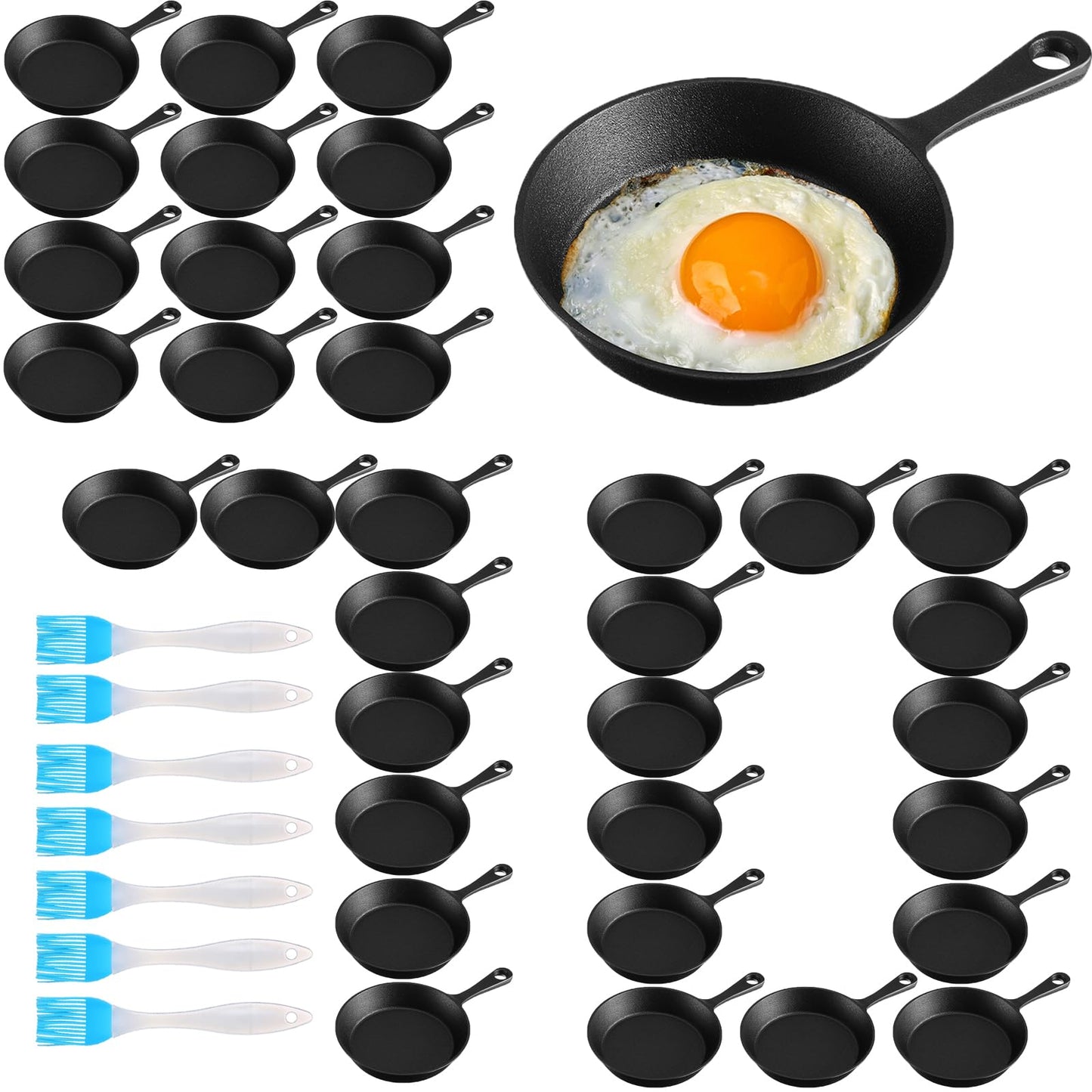 Remerry 70 Sets 4 Inches Cast Iron Skillets Mini Black Iron Nonstick Frying Pan Small Sizzling Plate Egg Pan Cast Pot Bundle with Oil Brush for Indoor and Outdoor Restaurant Kitchen