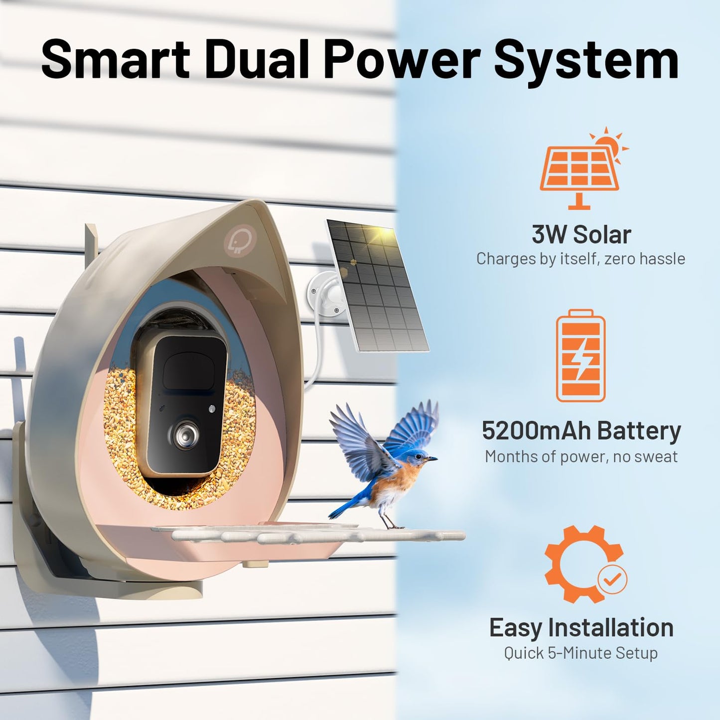 Smart Bird Feeder with Camera Solar Powered Outdoor - 2K HD Live Video, AI Bird ID (11,000+ Species), Squirrel-Proof, Instant Alerts & IP65 Weatherproof Outside, Great Gift for Birdlovers,Light Camel
