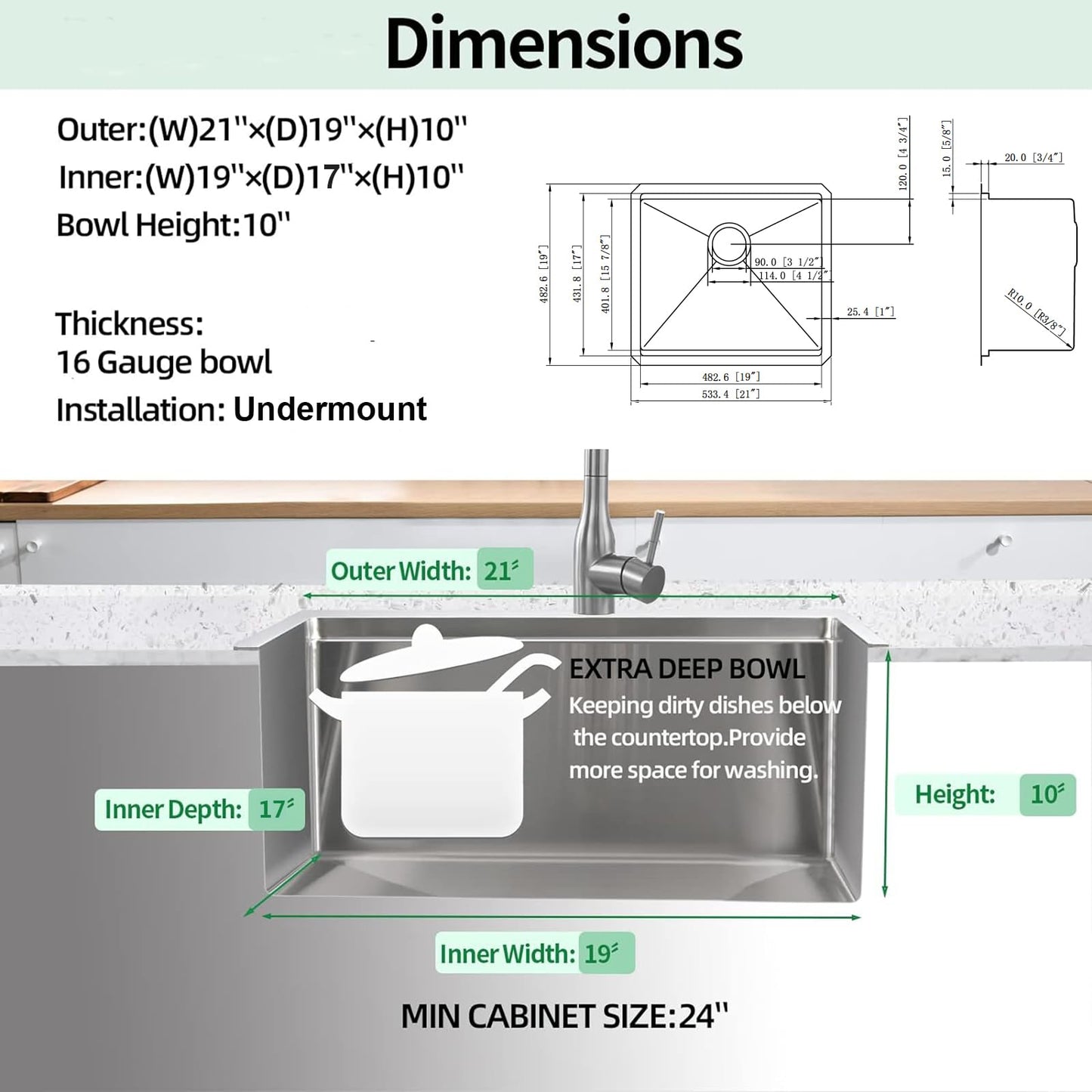 EcoChannels Undermount Kitchen Sink, 21 x 19 Inch Sink Kitchen 16 Gauge Stainless Steel Kitchen Sinks Single Bowl Workstation Sink with Cutting Board