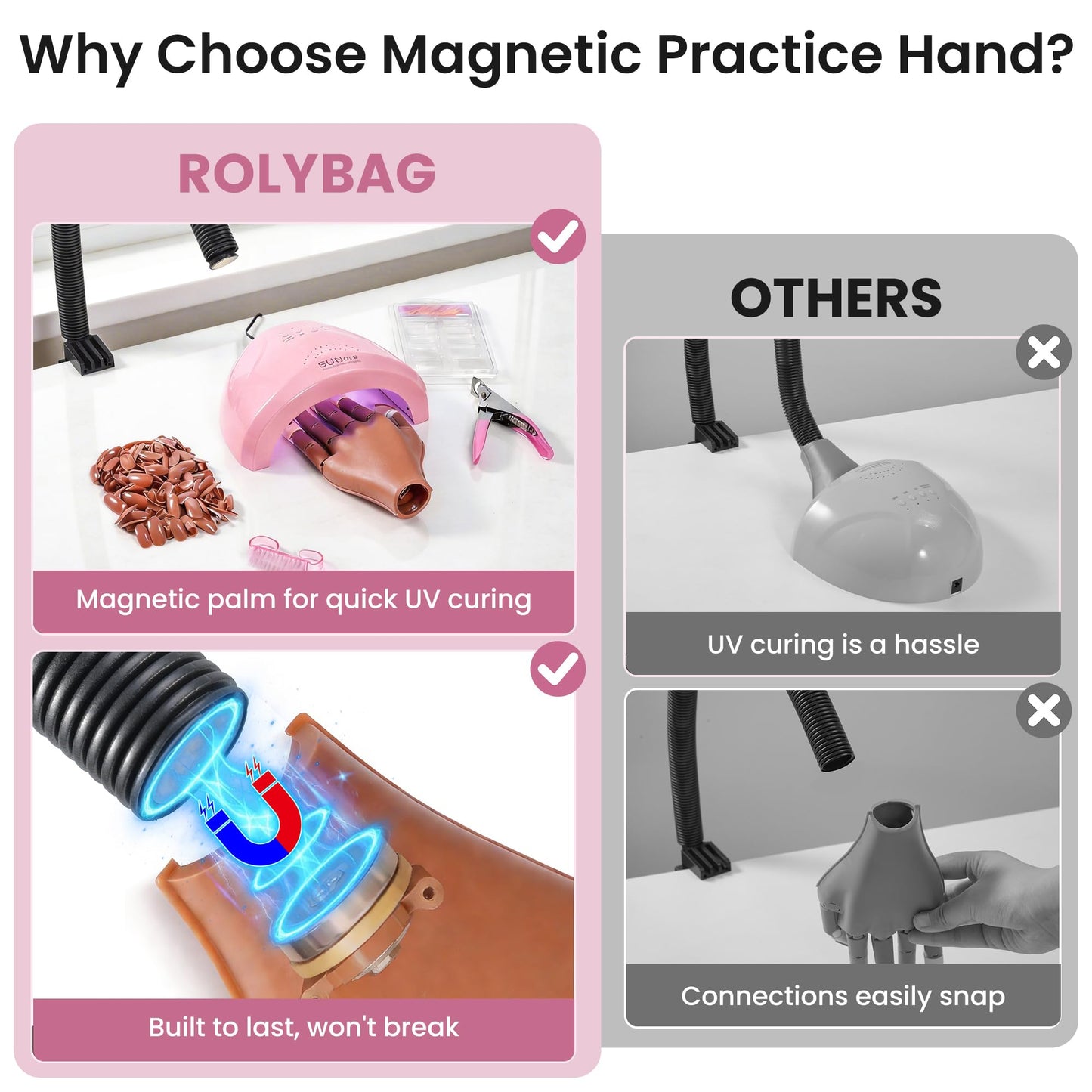 Rolybag Practice Hand for Acrylic Nails, Magnetic Nail Practice Hands, Mannequin Hand for Nails Kit for Beginners, Movable Flexible Fake Hand with 200PCS Nail Tips, Brush, File and Clipper