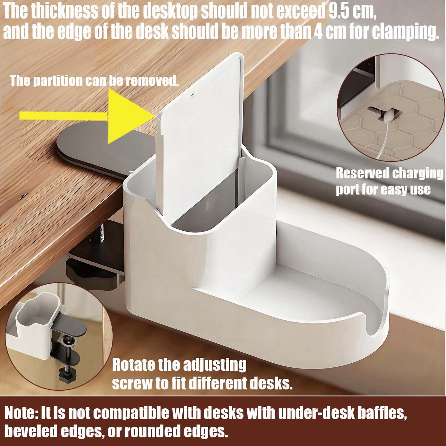 Desk Cup Holder Clamp,Clip on Cup Holders for Desks with Charging Hole and Spill-Proof Cup Design - Desks Side Drinking Cup Holders Clip for Home,Office&Gaming Desk Accessories