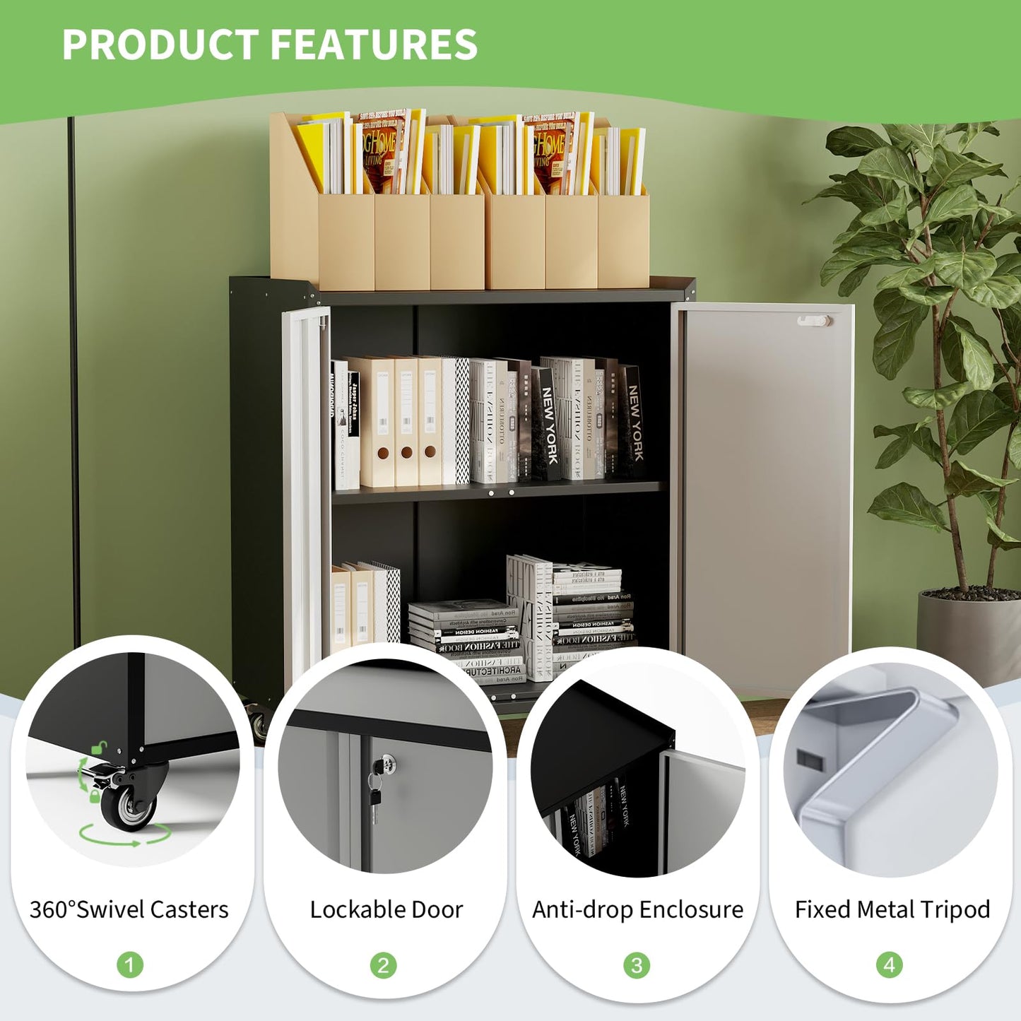 Tioutbot 35.43" Locking Metal Cabinet with Wheels, Heavy Duty Garage Storage Cabinet with Door and Adjustable Shelves, Rolling Tool Cart Cabinets for Workshop, Home, Office