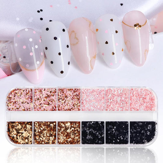 AWDSLUY 12Girds Litter Star Round Heart Nail Glitter Sequin Retro Love Heart Nail Glitters 3D Nail Art Supplies Holographic Shiny Gold Nail Sequins for Valentine's Day Manicure Decorations
