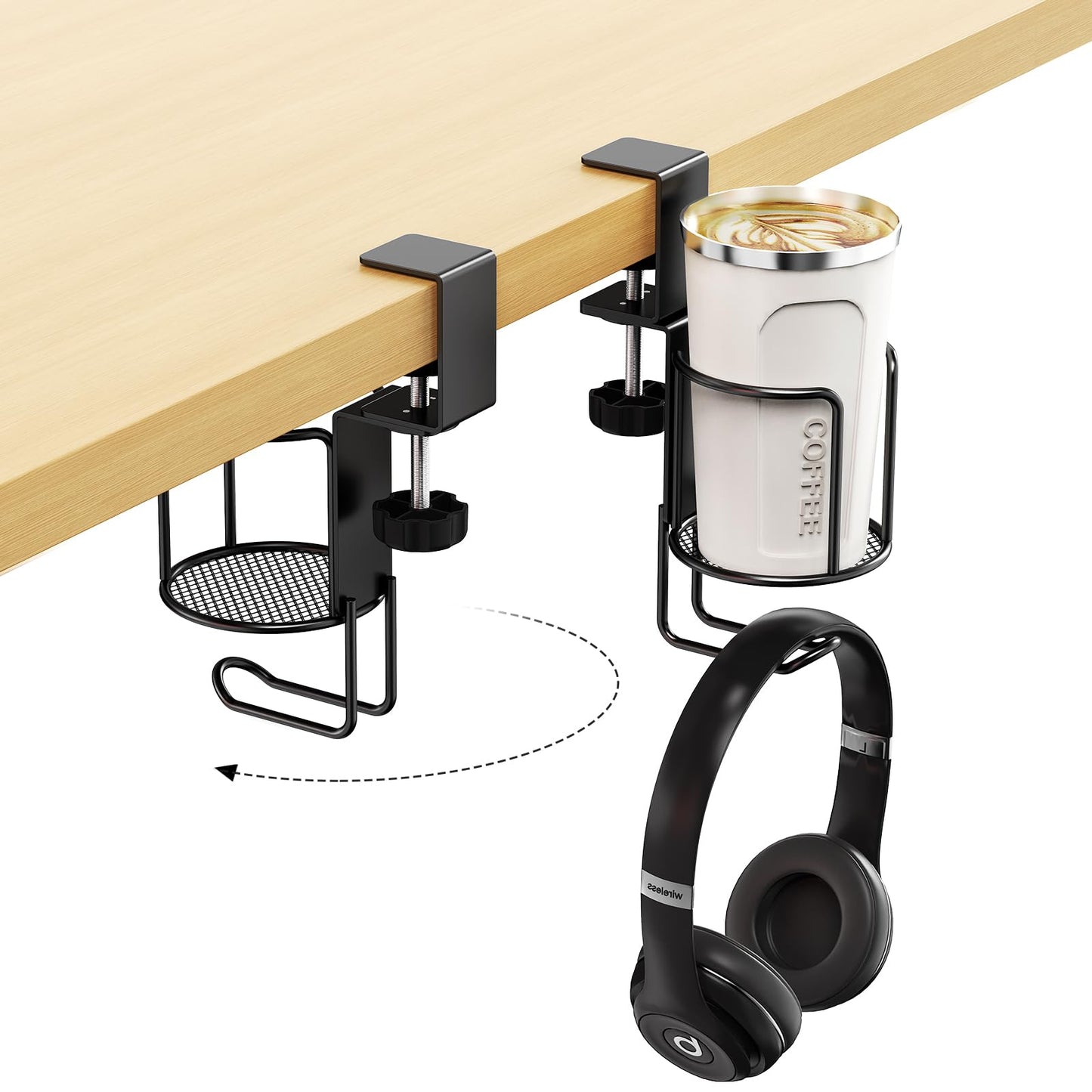 CABTE 2 in 1 Desk Cup Holder with Headphone Hanger Holder, Anti-Spill Clip-On Table Cup Hook with 360° Rotation for Lawn Chair, Office Home Gaming Table (1 Pack)