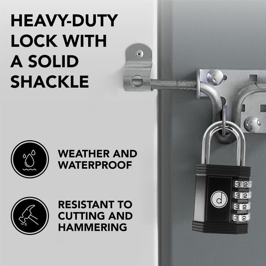Padlock 4 Digit Combination Lock - for Gym School Locker, Outdoor Gate, Shed, Fence, and Storage - Weatherproof Metal - Keyless, Easy to Set, Resettable - Black