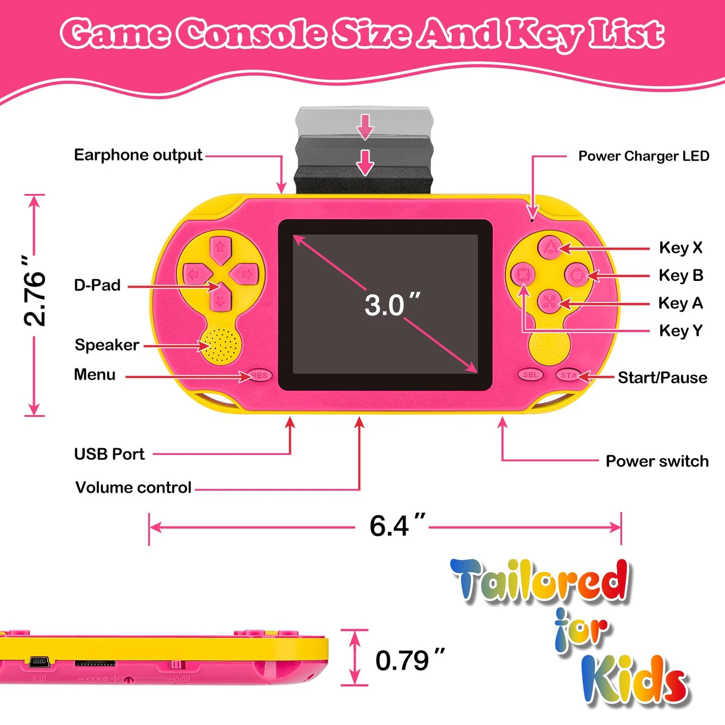 16 Bit Handheld Game for Kids, Video Game Player with Built in 230 HD Games, 3.0'' Screen Retro Electronic Machine with 3 Cartridges, Portable Rechargeable Games for Ages 3-12 (Rose Red)
