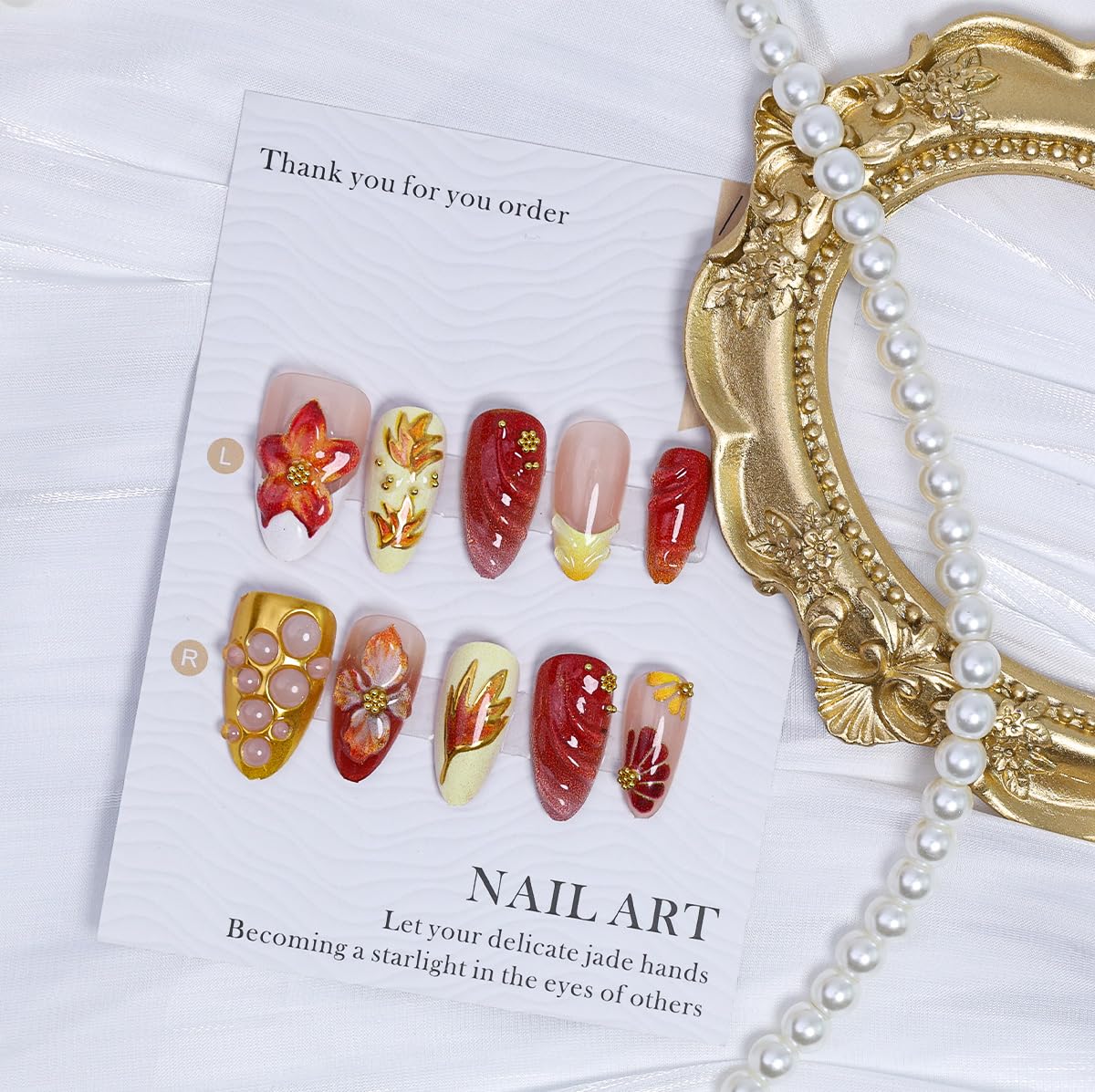 30Pcs 3D Fall Press on Nails Medium Almond Maple Leaf Fake Nails Handmade Acrylic Nails Autumn Flower Rhinestones Glue on Nail French Tip False Nails Thanksgiving Gold Leaves Artificial Nail Decor
