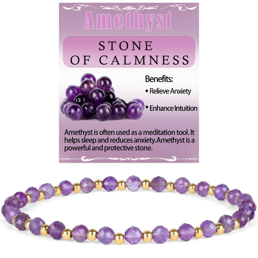 QOGIR Amethyst - Stone of Calmness - 14K Gold Plated Beads Natural Gemstone Stretch Elastic Dainty Healing Beaded Bracelets Gifts 4mm