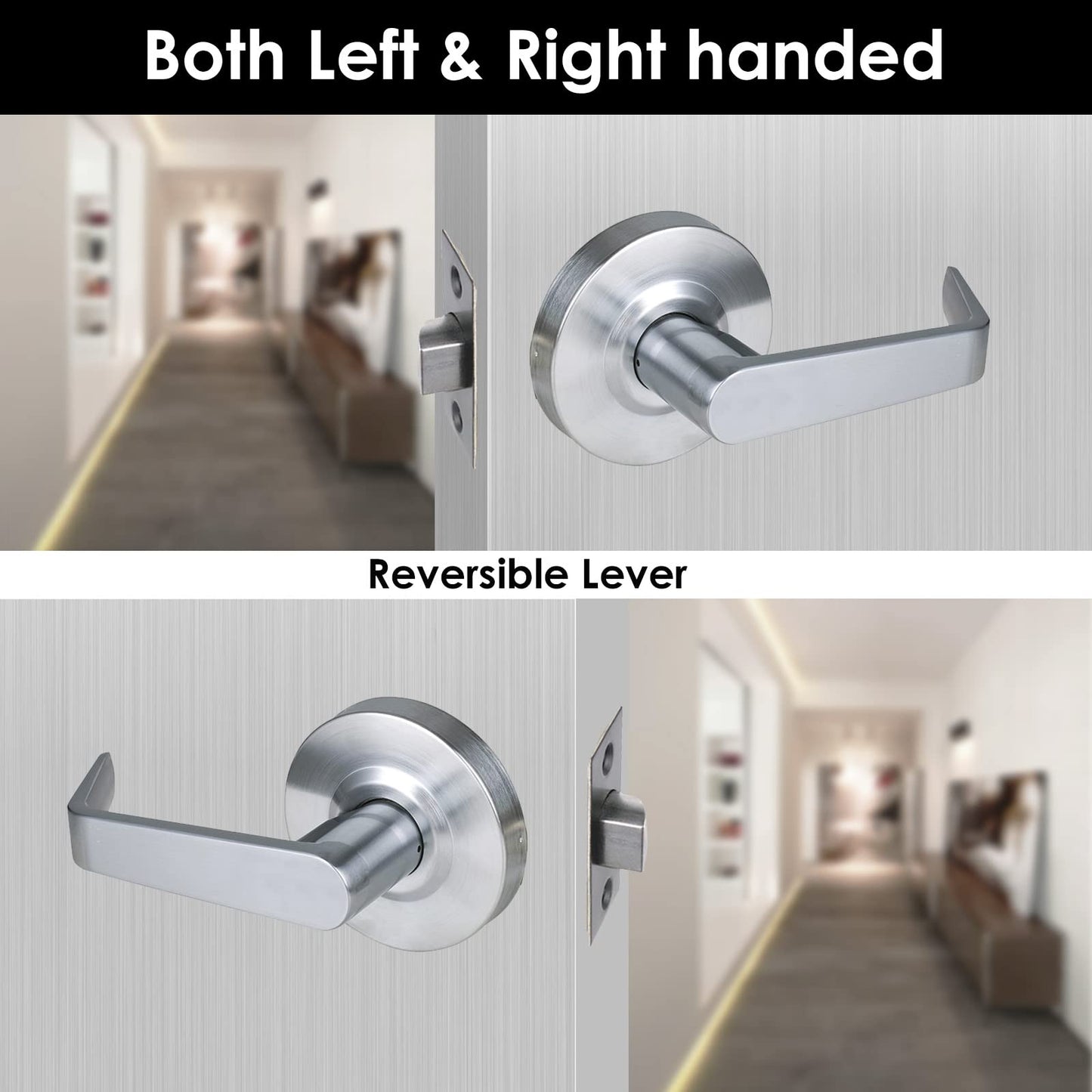 HISAFE 2 Packs of Passage Commercial Door Locks Heavy Duty Grade 2 Lever, Non-Handed, UL 3 Hour Fire Rated, ADA Compliant, Satin Chrome Finish 26D, 2-3/4''Backset