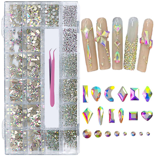 AMLAVIFISH 6080PCS AB Rhinestones for Nails, Nail Gems with Special-Shaped Diamonds, 3D Decorations Flat Back Stones Gems Set, Acrylic Nail Mix Sizes Nail Charms(Tweezers Included)
